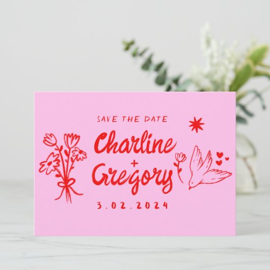 Invitation Écriture moderne rose et rouge Mariage Enregistrer (Debout devant)