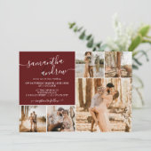 Invitation Écriture moderne rouge bordeaux 6 photos mariage (Debout devant)