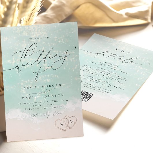 Invitation Écriture moderne Sables Cœurs Plage Mariage Tout E