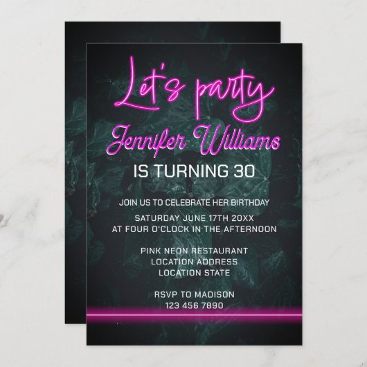 Invitation Écriture néon rose vif pour une fête endiablée ave (Devant / Derrière)