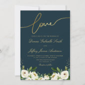 Invitation écriture or blanc jardin fleuri marine mariage (Devant)