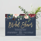 Invitation Ecriture or marine bleu floral nuptiale (Debout devant)