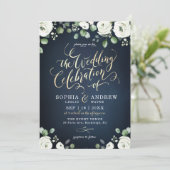 Invitation Écriture or moderne marine bleu blanc mariage flor (Debout devant)