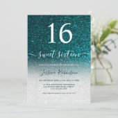 Invitation Écriture parties scintillant turquoise chic Sweet (Debout devant)