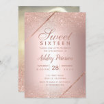 Invitation Écriture Rose en or parties scintillant photo méta<br><div class="desc">Typographie de l'or Rose bandes géométriques et parties scintillant d'or rose à l'ombre de l'or rose feuille métallique Sweet invitation de fête de 16 ans. Ajoutez votre photo à l'arrière.</div>