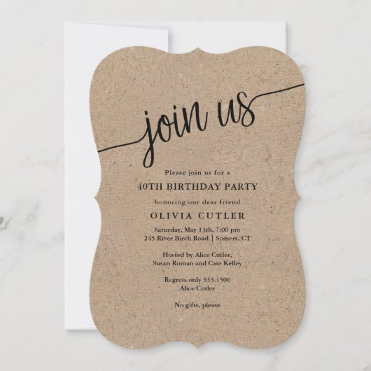 Invitation Écriture Rustique Kraft Rejoignez-Nous Toute Occas (Devant)