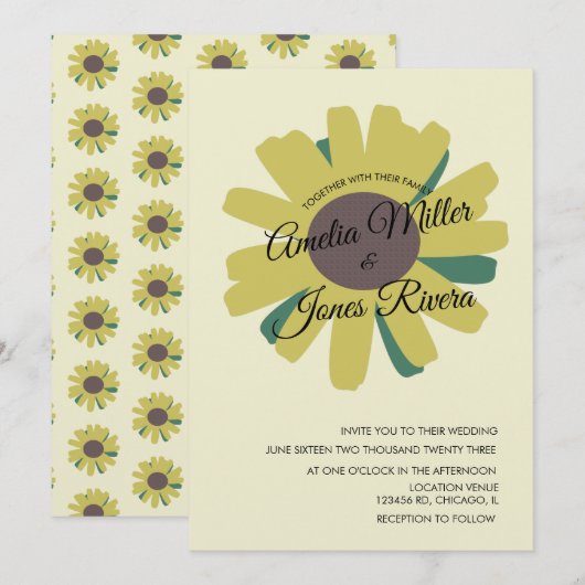 Invitation Écriture Tournesol Verdure Jaune Mariage Rustique (Devant / Derrière)