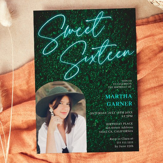 Invitation Écriture turquoise de néon arche photo verte Sweet