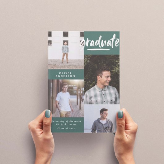 Invitation Écriture verte moderne 4 photo graduation design