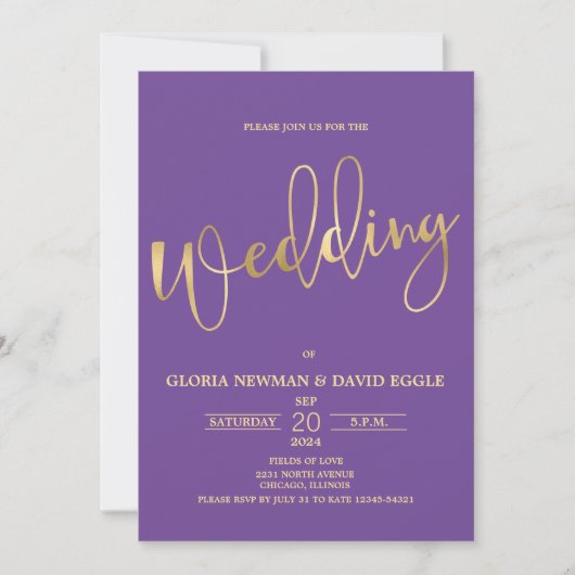 Invitation Écriture violet et or Mariage de code QR (Devant)