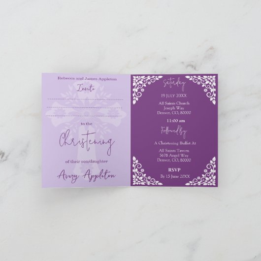 Invitation (écrivez) Croix Florale Baptême Prune D (Intérieur)