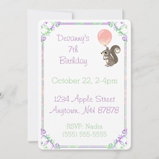 Invitation Écureuil à bulle rose Anniversaire (Devant)