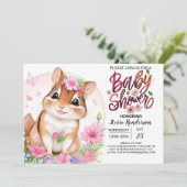 Invitation Écureuil doux Baby shower rose floral fille (Debout devant)