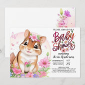 Invitation Écureuil doux Baby shower rose floral fille (Devant / Derrière)