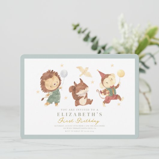 Invitation Écureuil mignon, lion et singe Premier anniversair (Debout devant)