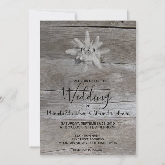 Invitation Edelweiss sur mariage campagnard rustique en bois (Devant)
