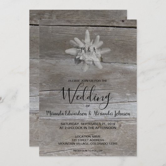 Invitation Edelweiss sur mariage campagnard rustique en bois  (Devant / Derrière)