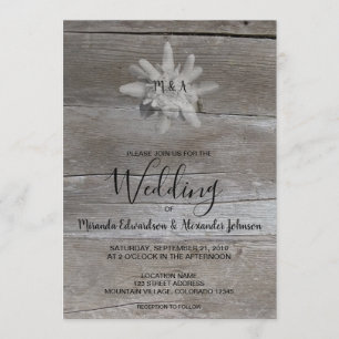 Invitation Edelweiss sur mariage campagnard rustique en bois 