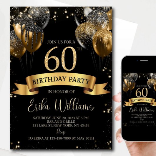 Invitation Editable 60th Birthday Invitation: Black & Gold Ba