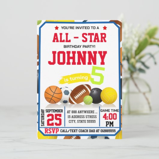 Invitation Editable All Star Sports Anniversaire Fête Invitat (Debout devant)