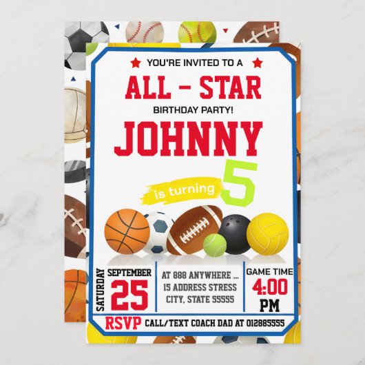 Invitation Editable All Star Sports Anniversaire Fête Invitat (Devant / Derrière)