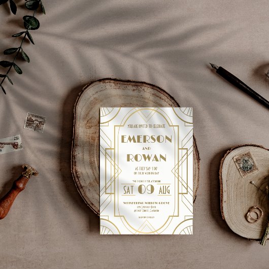 Invitation Éditable Art déco Blanc & Or Gatsby les Années fol