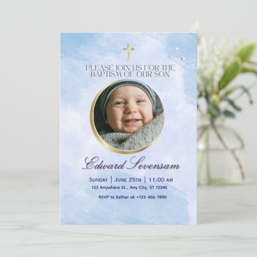 Invitation Editable Blue Cloud Baby Boy Baptism  (Debout devant)