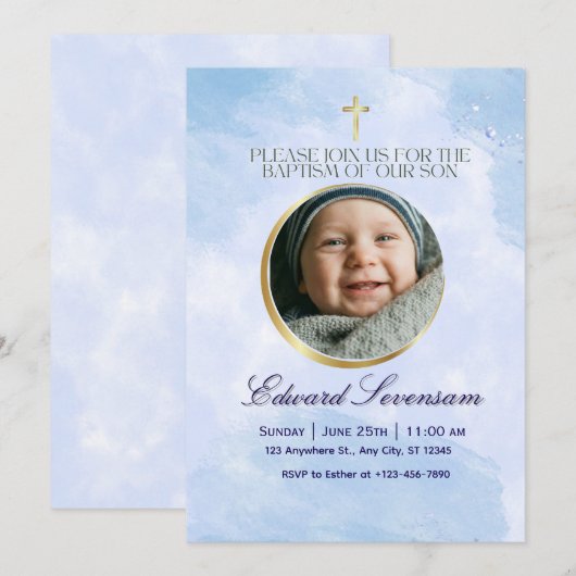 Invitation Editable Blue Cloud Baby Boy Baptism  (Devant / Derrière)