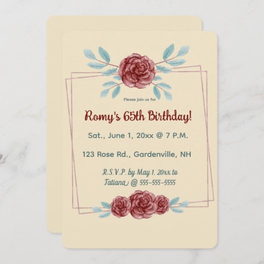 Invitation Editable Burgundy Roses in a Double Gold Frame (Devant / Derrière)