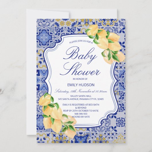 Invitation editable carrelage bleu citrons (Devant)
