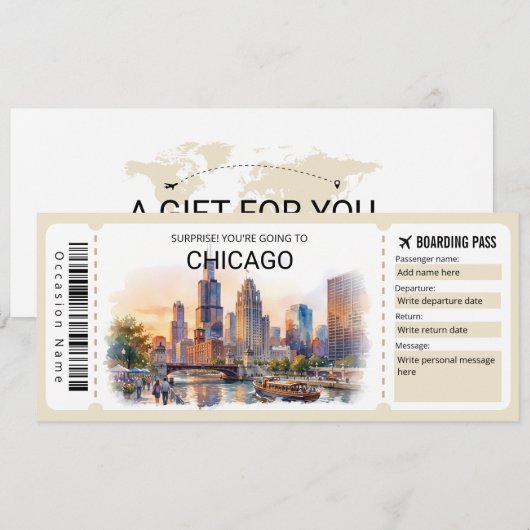 Invitation Editable Chicago Trip Boarding Pass Ticket (Devant / Derrière)