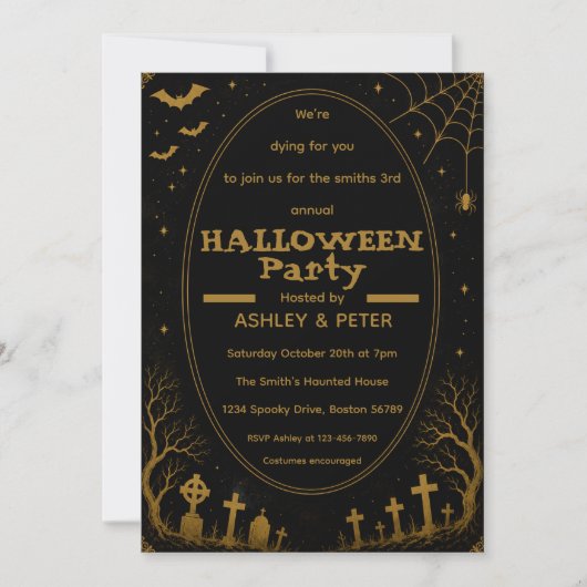 Invitation éditable de fête d'Halloween en or (Devant)