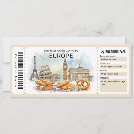 Invitation Editable Europe Trip Boarding Pass Ticket (Devant)