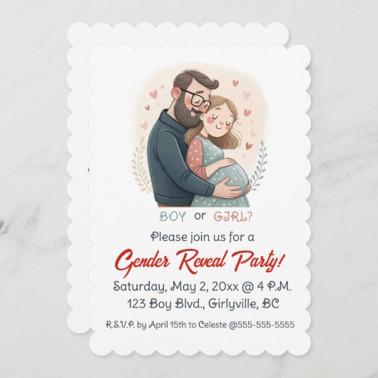 Invitation Editable Expectant Parents Hearts Gender Reveal (Devant / Derrière)