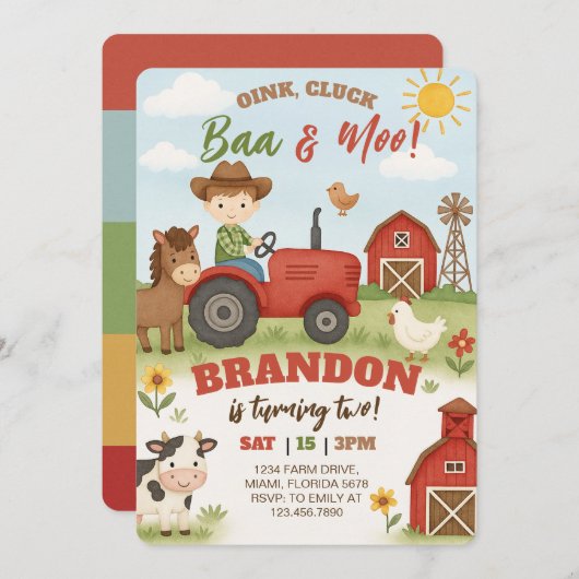 Invitation Editable Farm Animals Birthday (Devant / Derrière)
