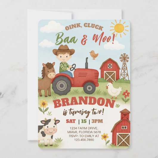 Invitation Editable Farm Animals Birthday  (Devant)