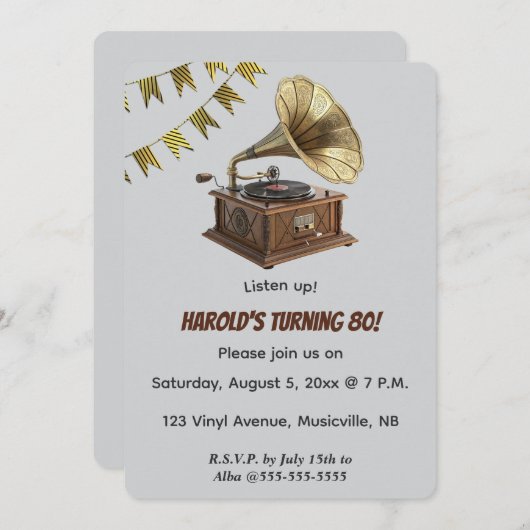 Invitation Editable Gramophone and Bunting (Devant / Derrière)