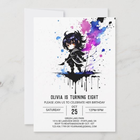 Invitation Editable guerrier Ninja Digital Girl Anniversaire (Devant)