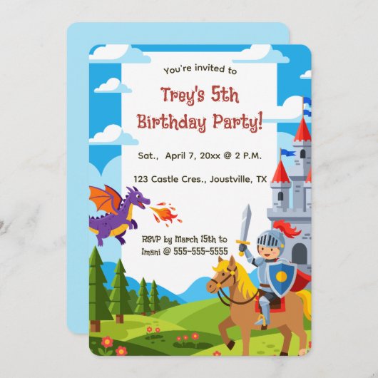 Invitation Editable Knight Castle Dragon Anniversaire (Devant / Derrière)