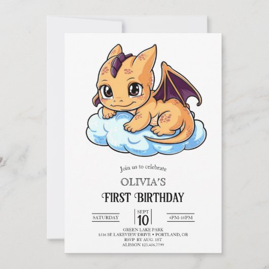 Invitation Editable Little Digital Dragon 1er anniversaire (Devant)