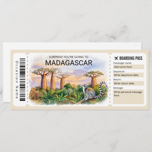 Invitation Editable Madagascar Trip Boarding Pass Ticket (Devant / Derrière)