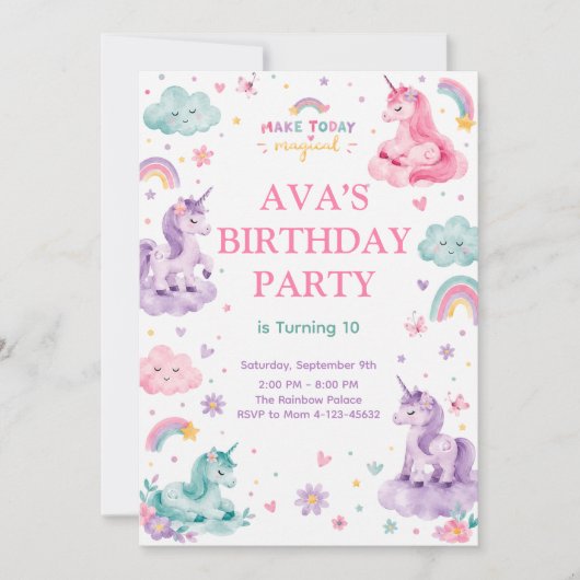 Invitation Editable Magical Unicorn Birthday Card (Devant)