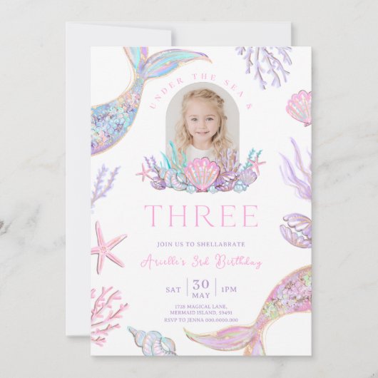 Invitation Editable Mermaid Tail 3rd Birthday Invite Glitter  (Devant)