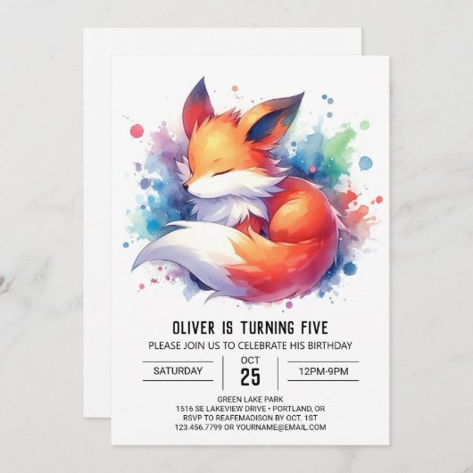 Invitation Editable Modern Fox Anniversaire (Devant / Derrière)