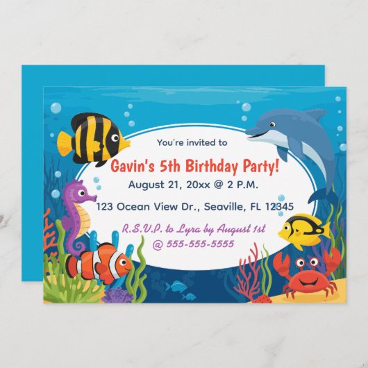Invitation Editable Ocean Creatures Birthday (Devant / Derrière)