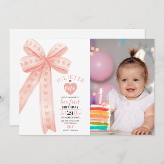 Invitation Editable Peach Bow First Girl Birthday Photo (Devant / Derrière)