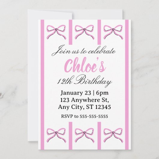 Invitation Editable pink bow birthday invite (Devant)