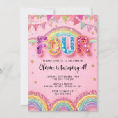 Invitation Editable Pink Rainbow Sequin 4th Birthday Invitati (Devant)