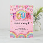 Invitation Editable Pink Rainbow Sequin 4th Birthday Invitati (Debout devant)