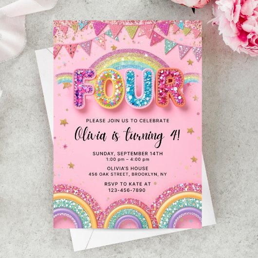 Invitation Editable Pink Rainbow Sequin 4th Birthday Invitati
